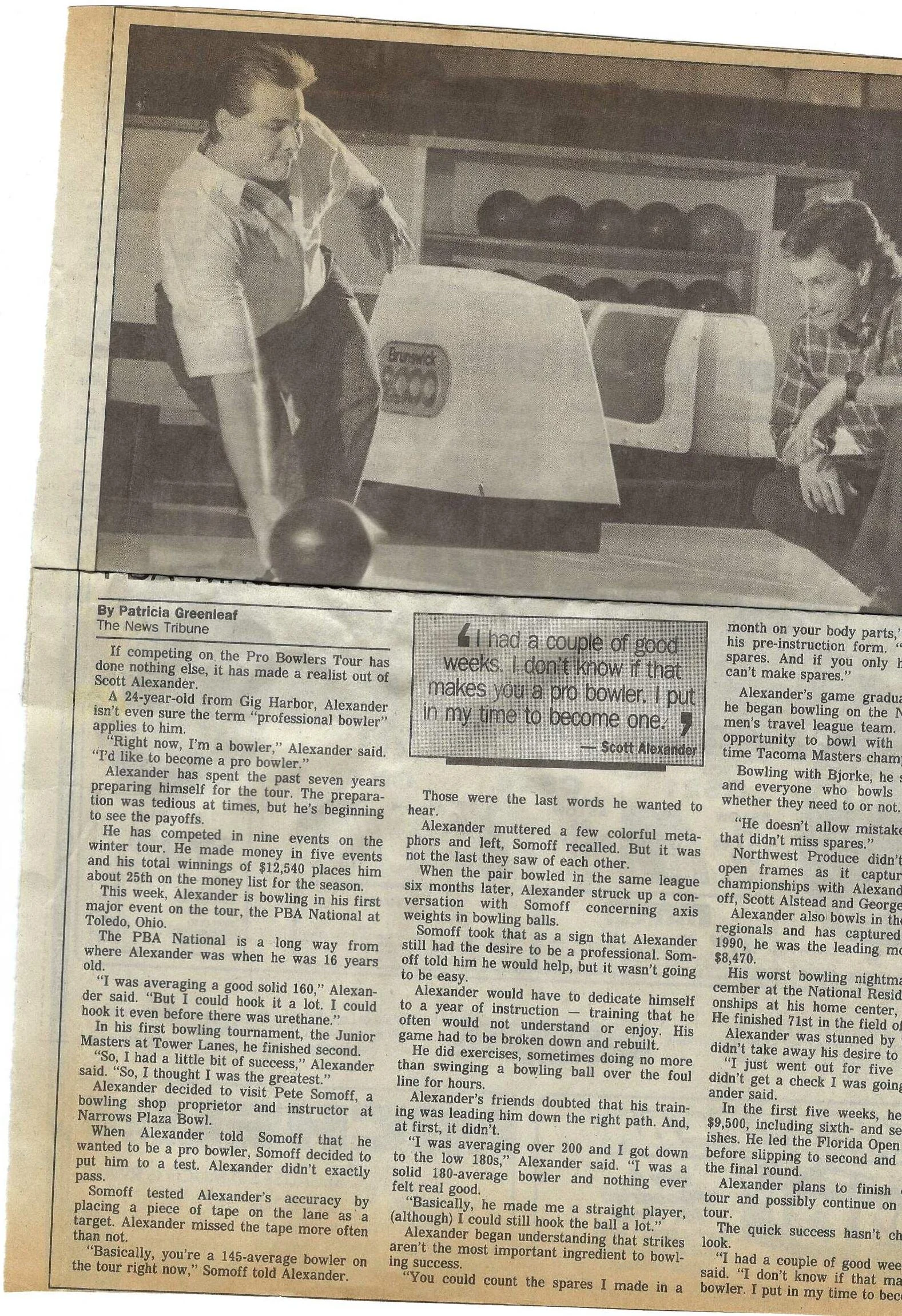 Sunday News tribune article 1990 on Scott Alexander and myself  Scott would win his first PBA title the PBA national championship a Major title