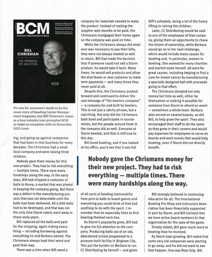 Black and white magazine cover featuring Bill Chrisman with a photo of him, titled 'BCM,' and a headline about his work with bowling. The article discusses his contributions, charity work, and personal background in bowling.