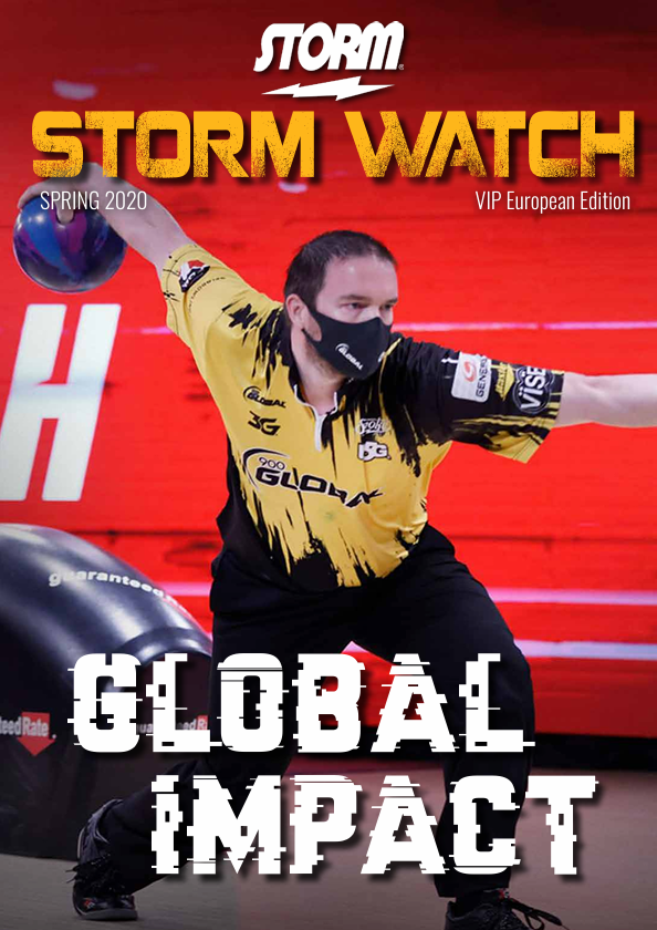 Cover of Storm Watch magazine featuring a man in a yellow and black shirt lifting a weighted ball during a workout, with red background and publication details.