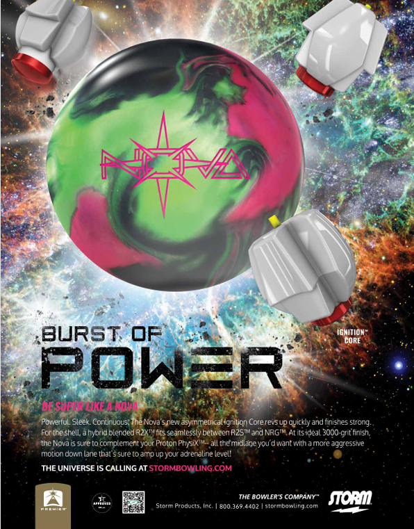 A cosmic scene with a multicolored bowling ball featuring a pink storm symbol in the center, surrounded by three rocket ships in space, with the text 'Burst of Power' and promotional message for Storm Bowling packaging.