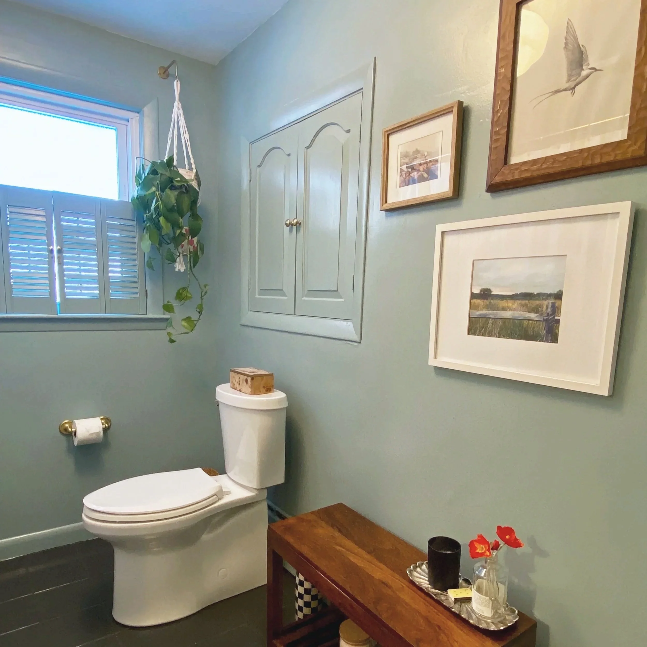 A bathroom with light green walls, a window with white shutters, a hanging green plant, a white toilet with a tissue box on top, and framed artwork including a print of a bird in flight. A wooden table holds a black candle, red flowers in a clear vase, and decorative items.