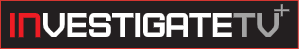 Logo for INVESTIGATE TV with white and red text on a black background