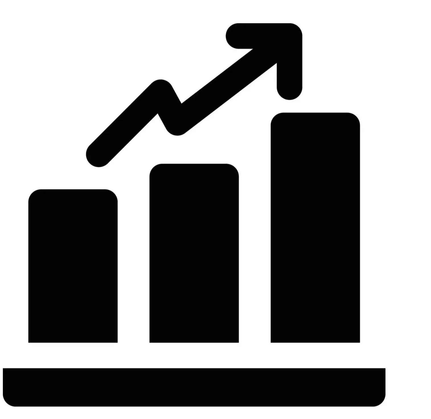 Black bar chart with three ascending bars and an upward trending arrow.