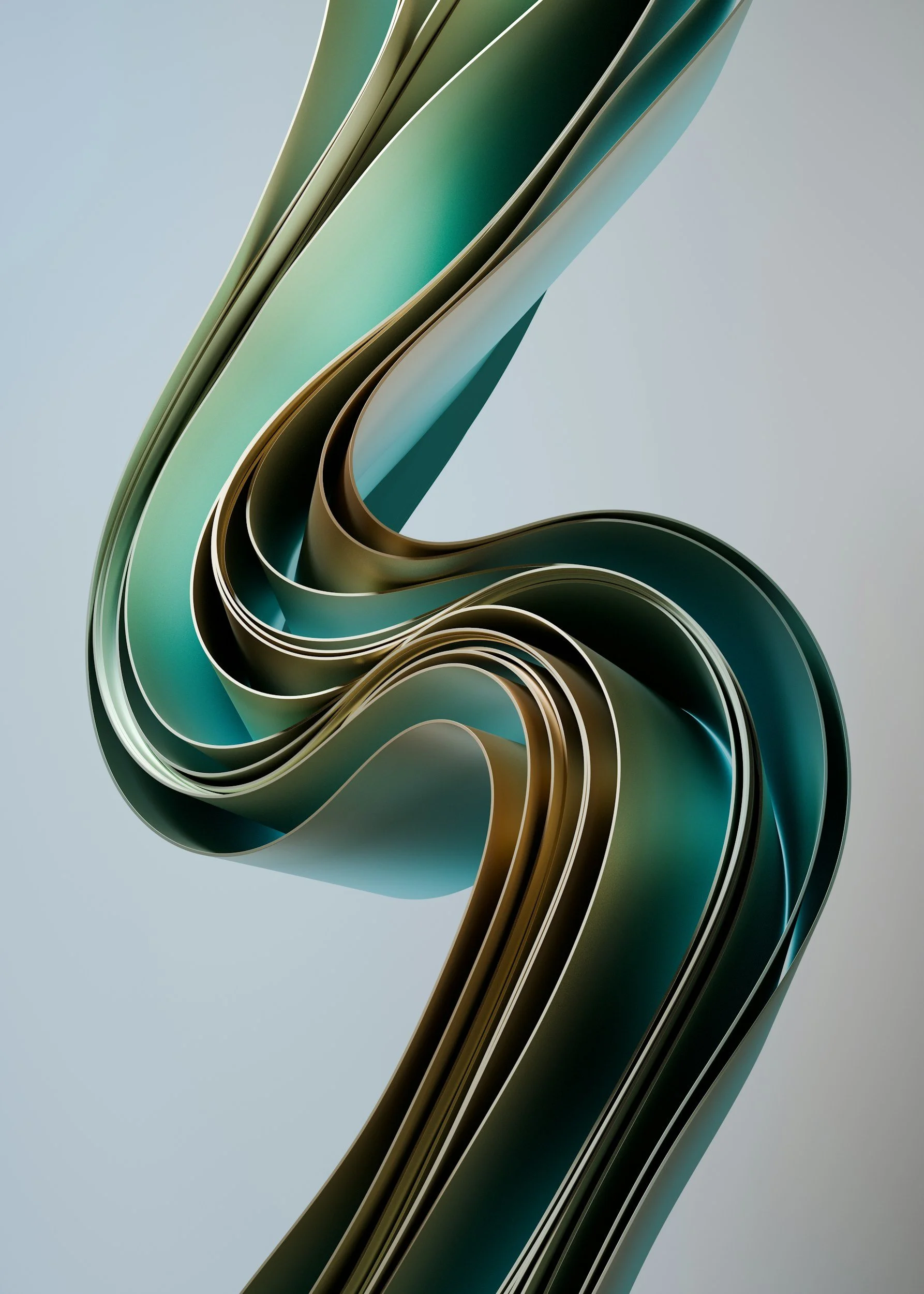 Close-up of a metallic, abstract sculpture with smooth, curved, layered ribbons in shades of green and gold.