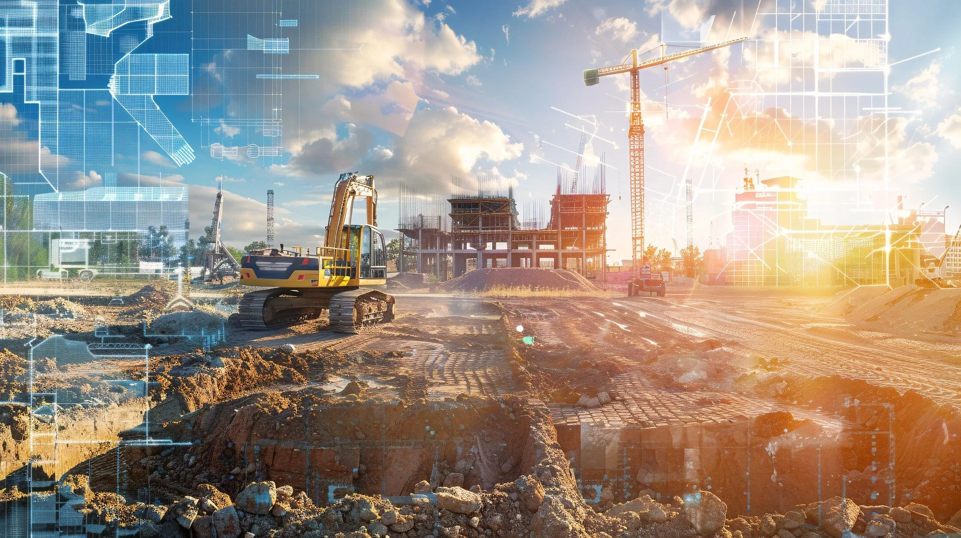 Construction site with excavator and building framework, overlaid with digital blueprints and futuristic grid lines.