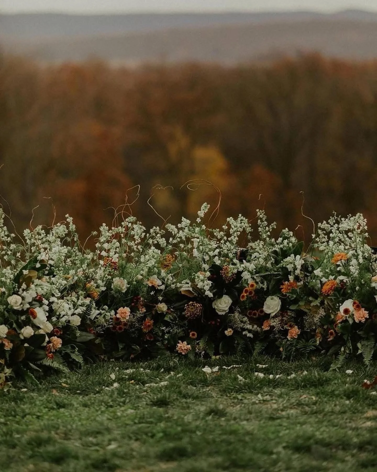 Flower arrangement with white and orange flowers on the ground in front of a blurred background.