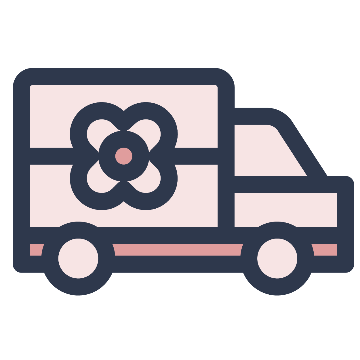 Simple illustration of a delivery truck with a flower symbol on the side.