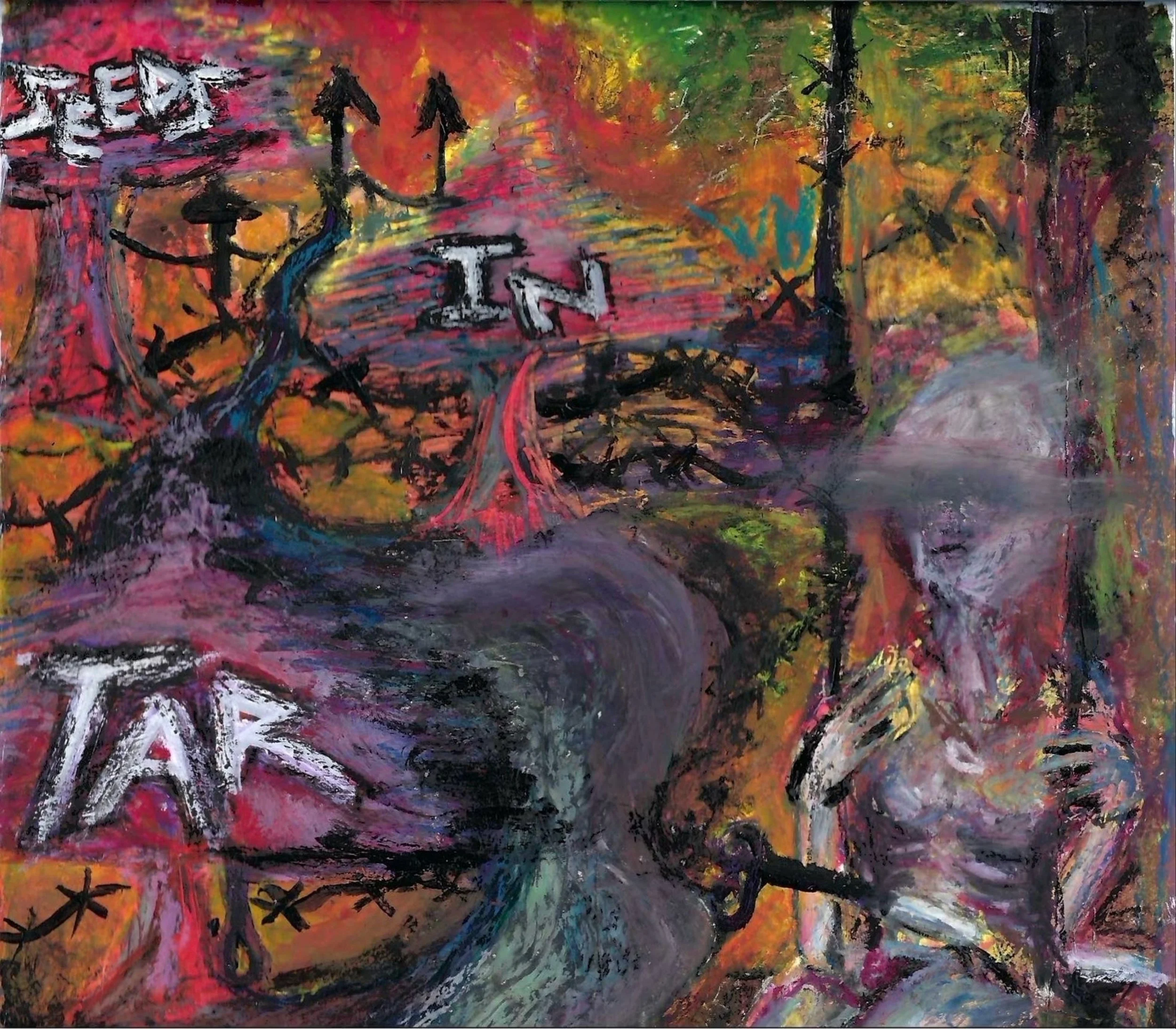 Colorful abstract painting with black writing and black tree-like figures.
