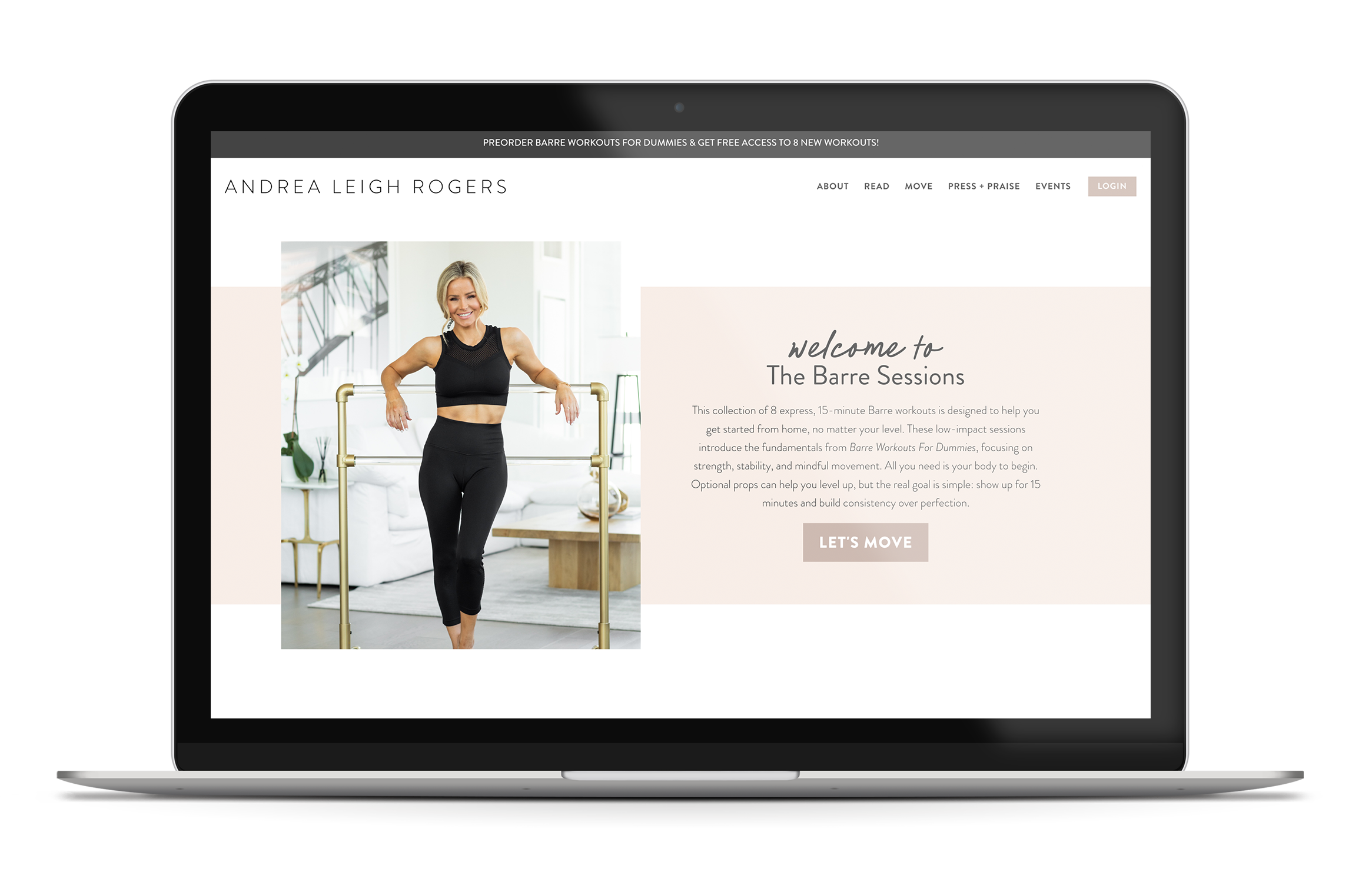 Laptop screen displaying a website for Andrea Leigh Rogers with a welcome message, navigation menu, and a woman in black workout clothes standing by ballet barres in a bright studio.