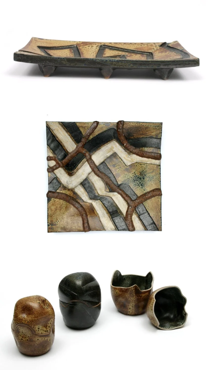 A collection of utilitarian pieces with geometric patterns and ceramic vessels with earthy tones and varied smooth and textured surfaces.