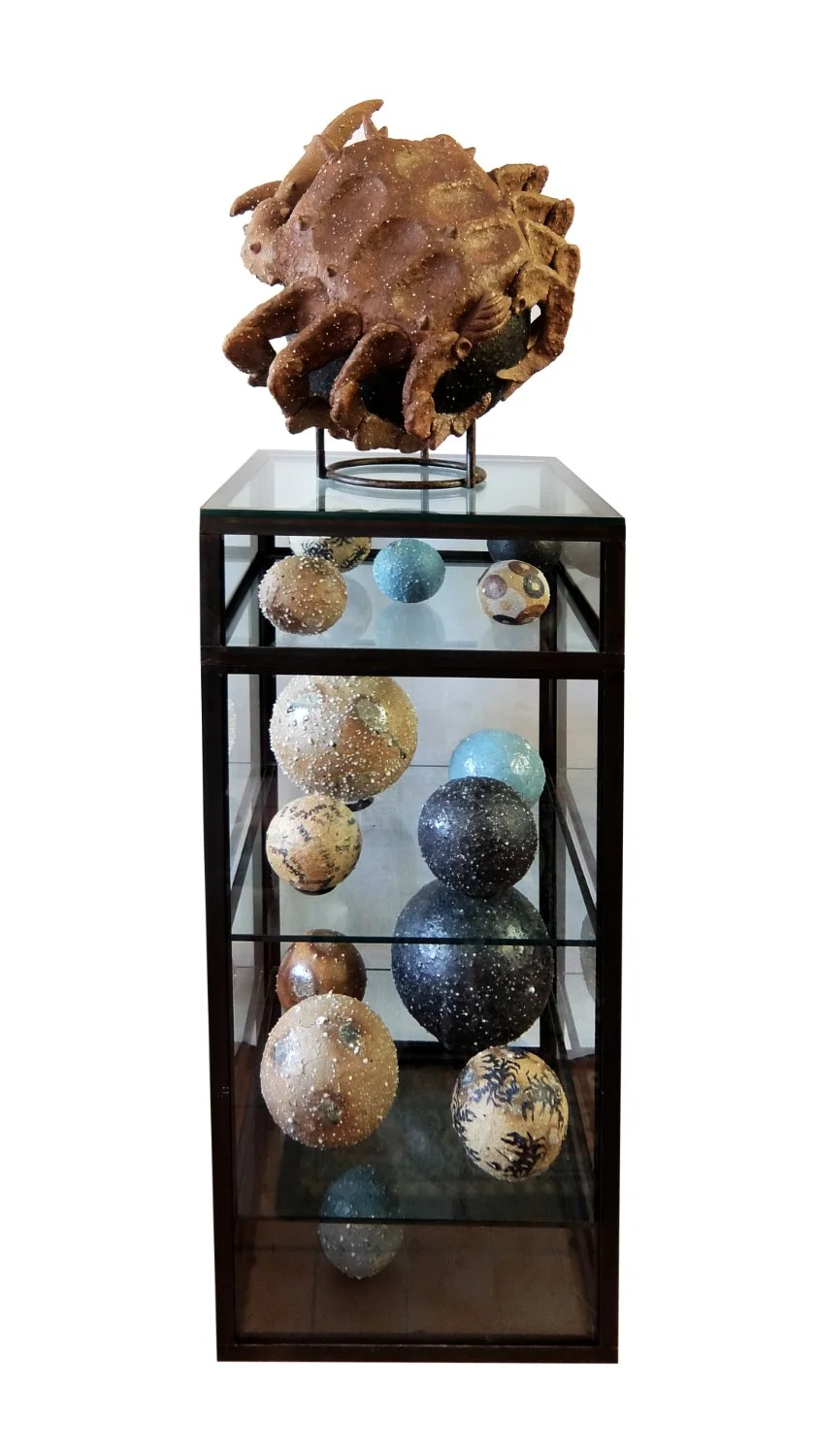 A fine art display case containing ceramical spheres on glass shelves, with a large sculpture crab on top of the case.
