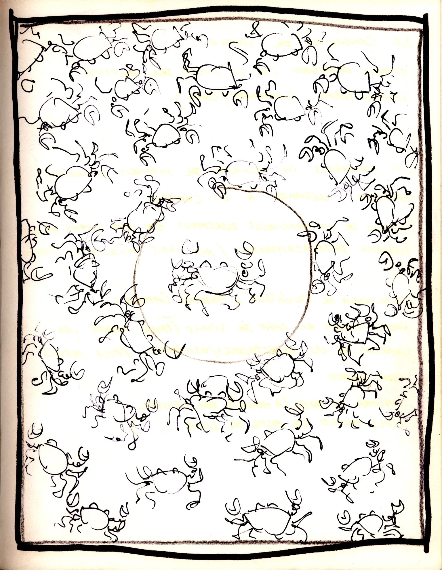 A sketch made by Carlos of a large group of small crabs surrounding a giant crab in the center inside a rectangular border.