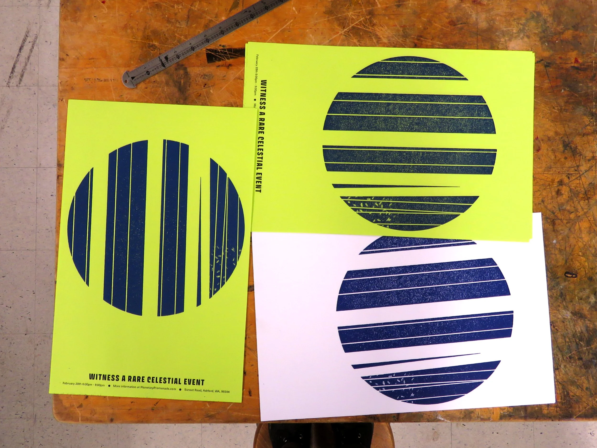 Design was printed in two layers, with stencils made by laser cutting corkboard.