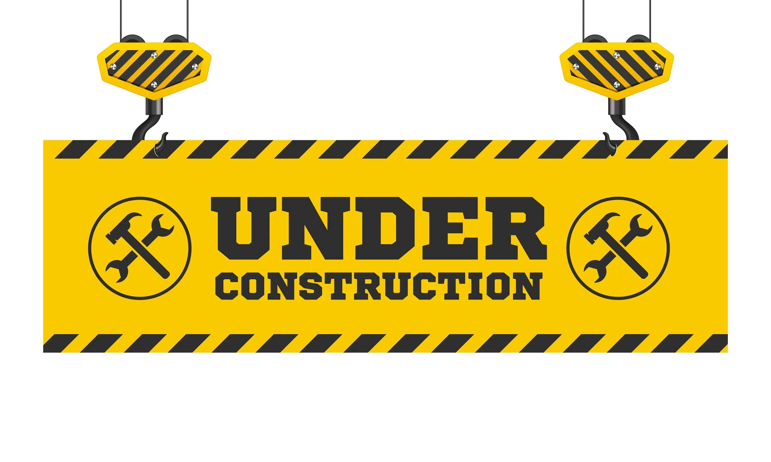 Yellow construction sign that reads 'Under Construction' with black and yellow hazard stripes and icons of tools.