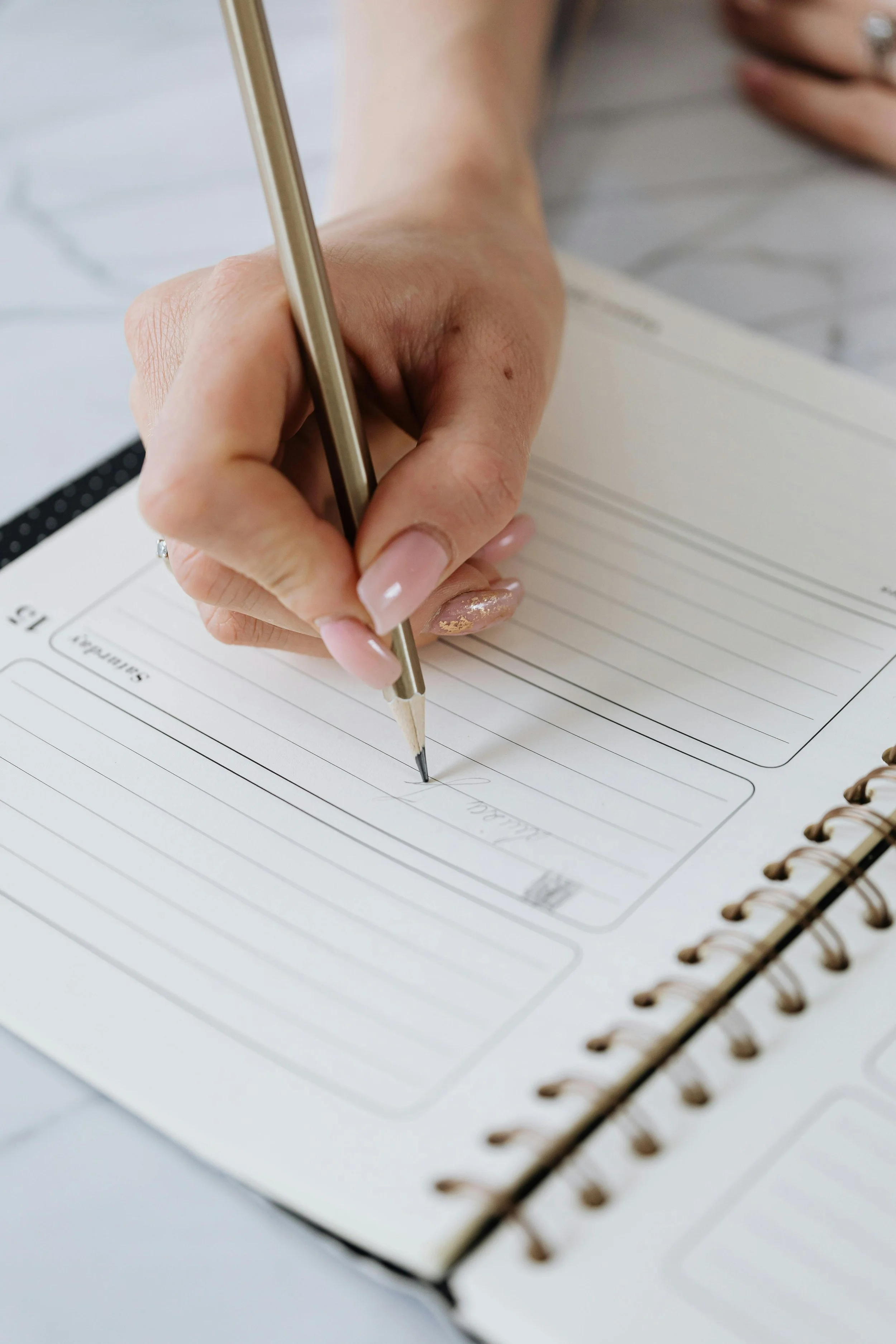 A person writing on a planner with a pen, with a white background.