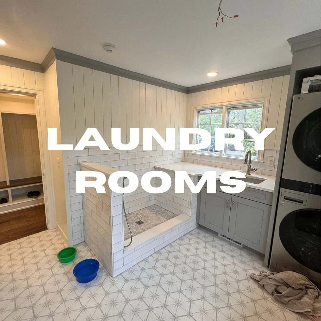 A laundry room with tiled floor, white paneled walls, a laundry sink, a window, and a stacked washer and dryer. The text 'LAUNDRY ROOMS' is overlaid on the image.