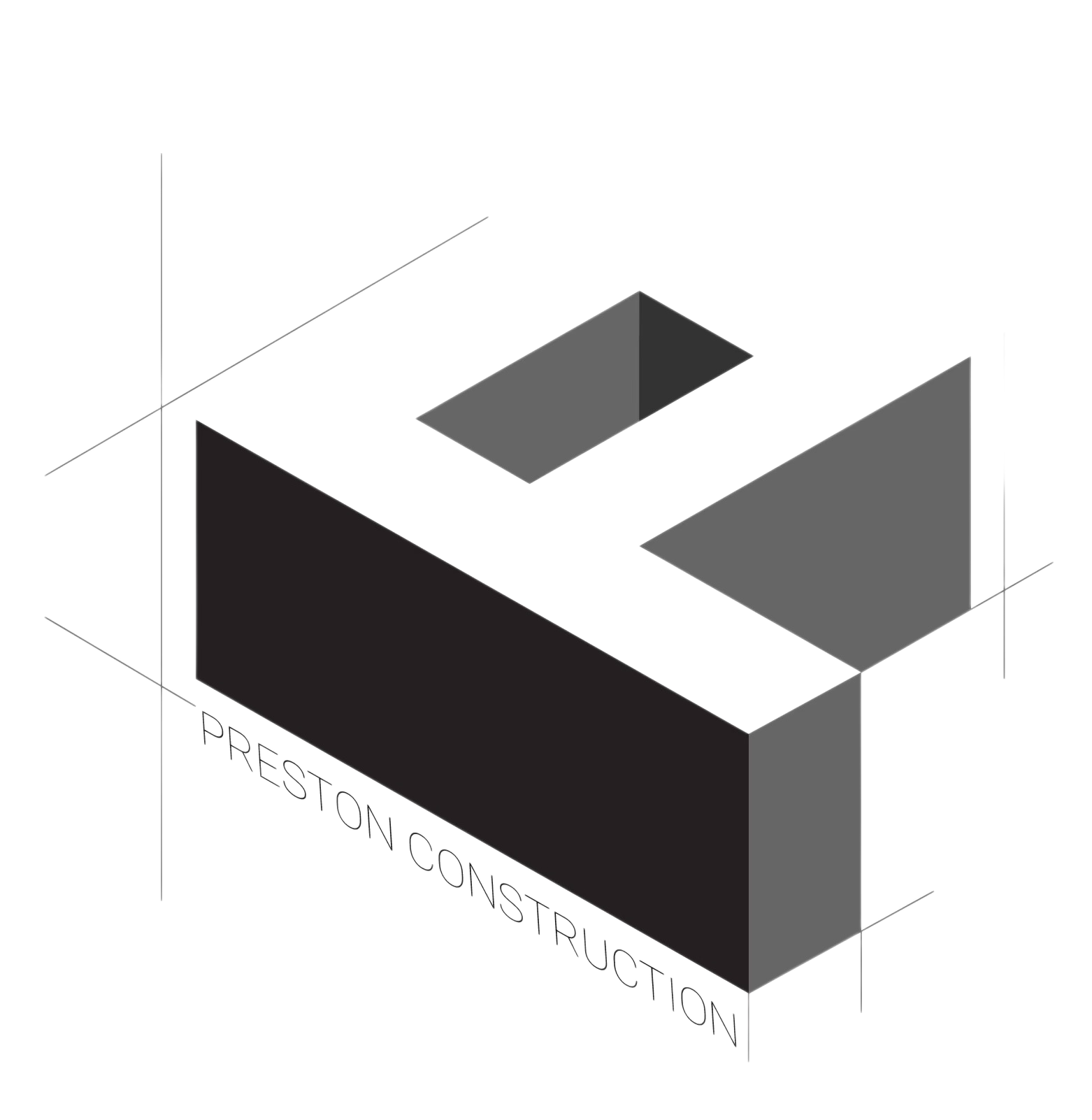3D illustration of a building with walls labeled 'Preston Construction' and visible interior spaces.