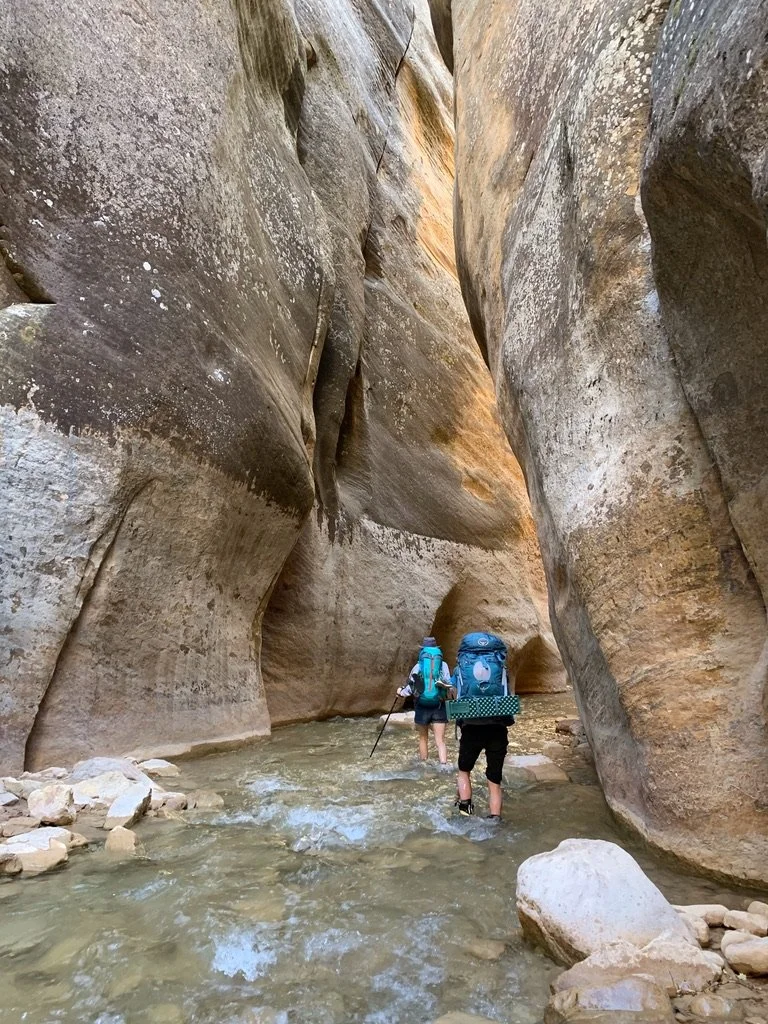 Two hikers walking through a canyon stream representing the journey of healing and personal growth.