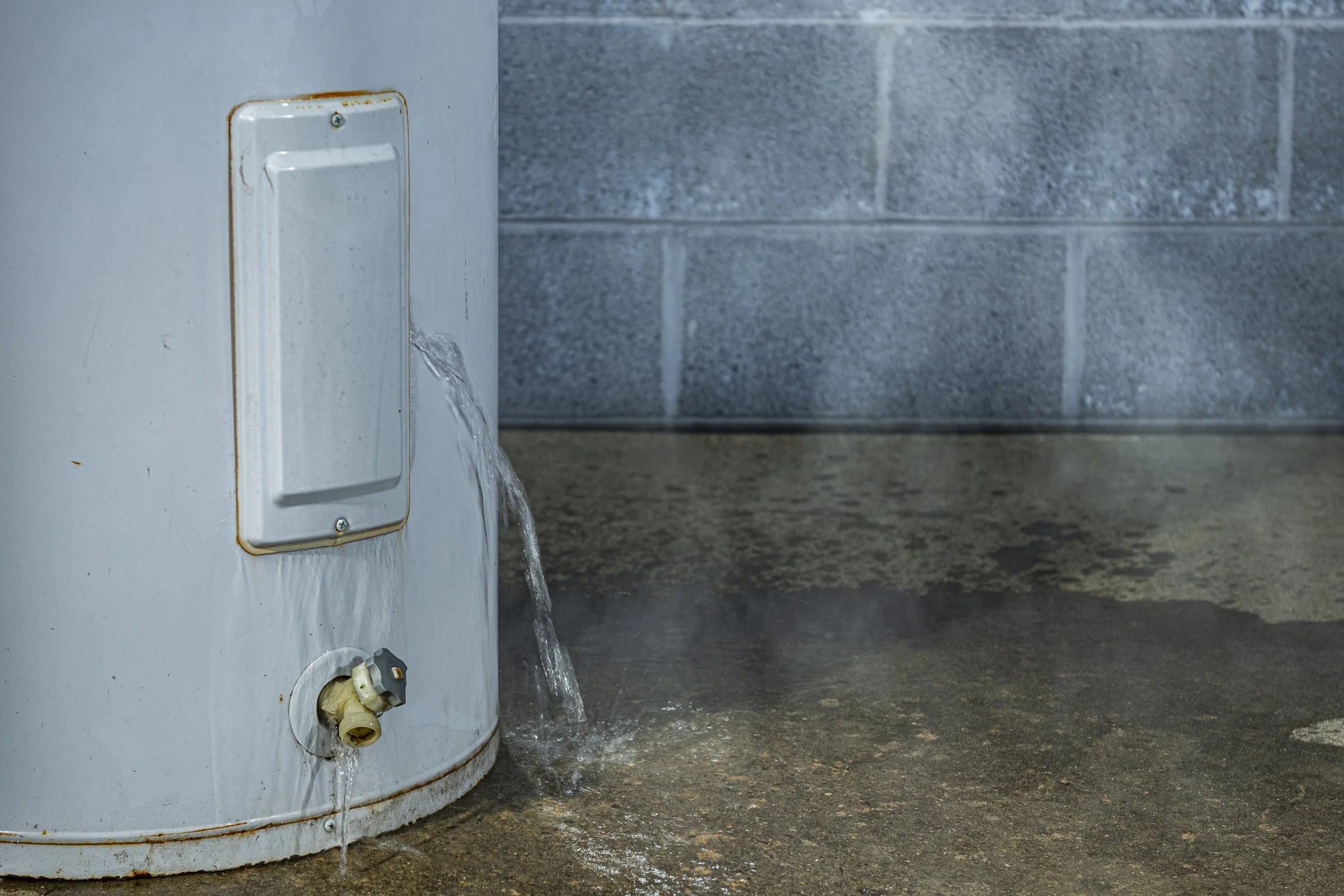 A water heater leaking water onto a concrete floor with water cascading down the side.
