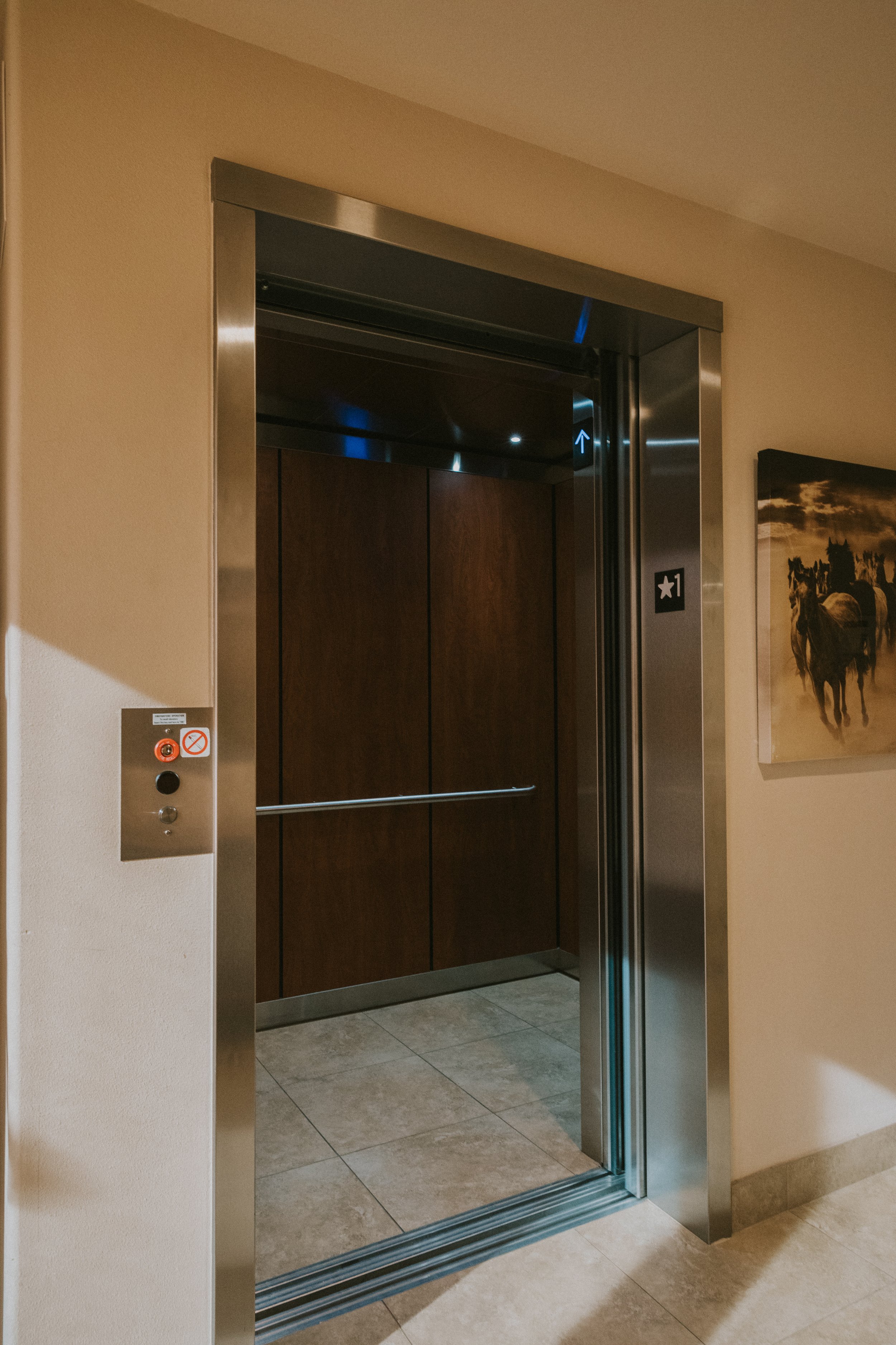 Open elevator door with wooden interior and stainless steel frame, and a wall with a painting of horses on the right.