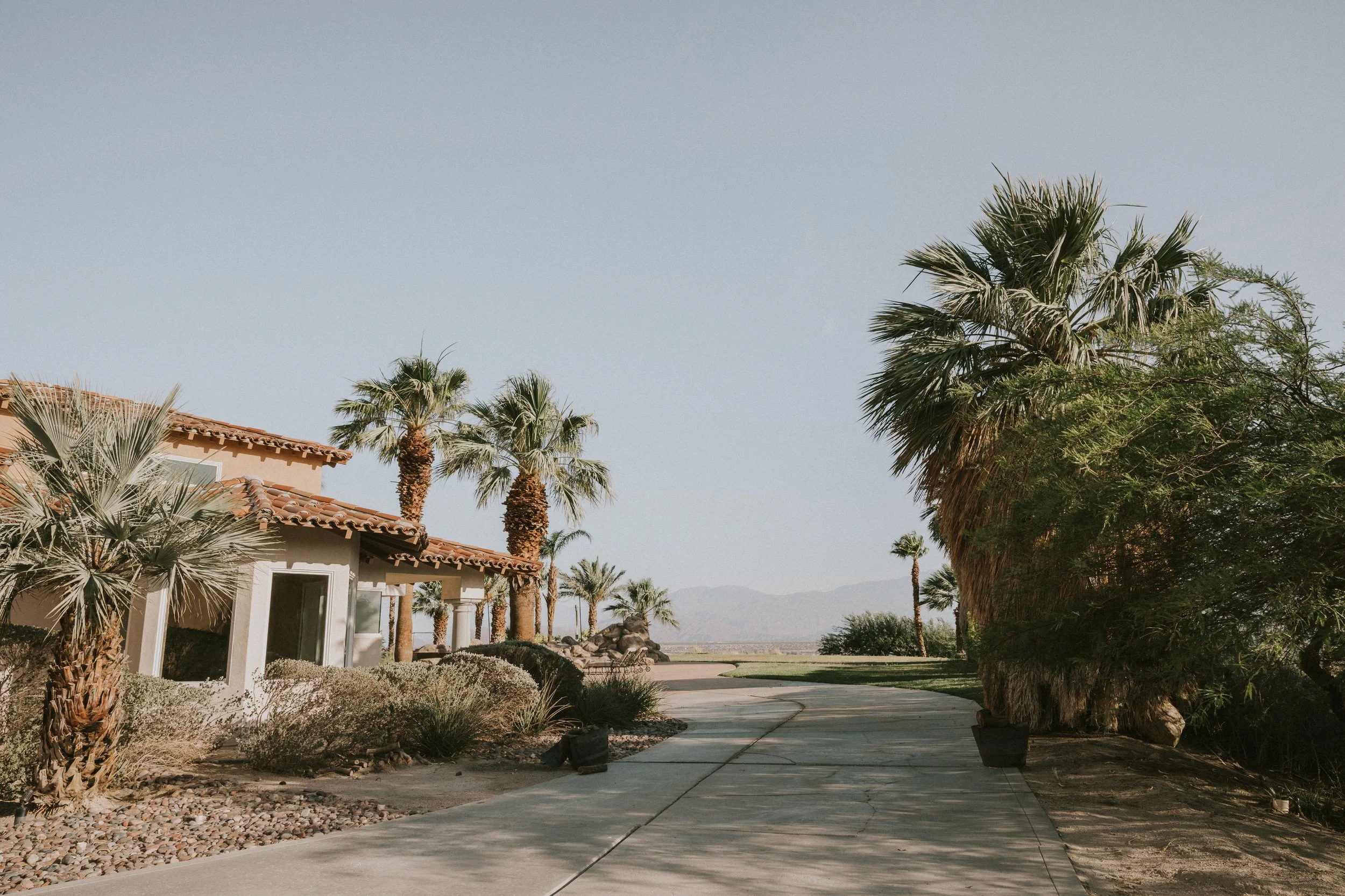 A residential area with desert landscaping, featuring palm trees, a paved walking path, and a house with a tiled roof. Mountains are visible in the distance under a clear sky.