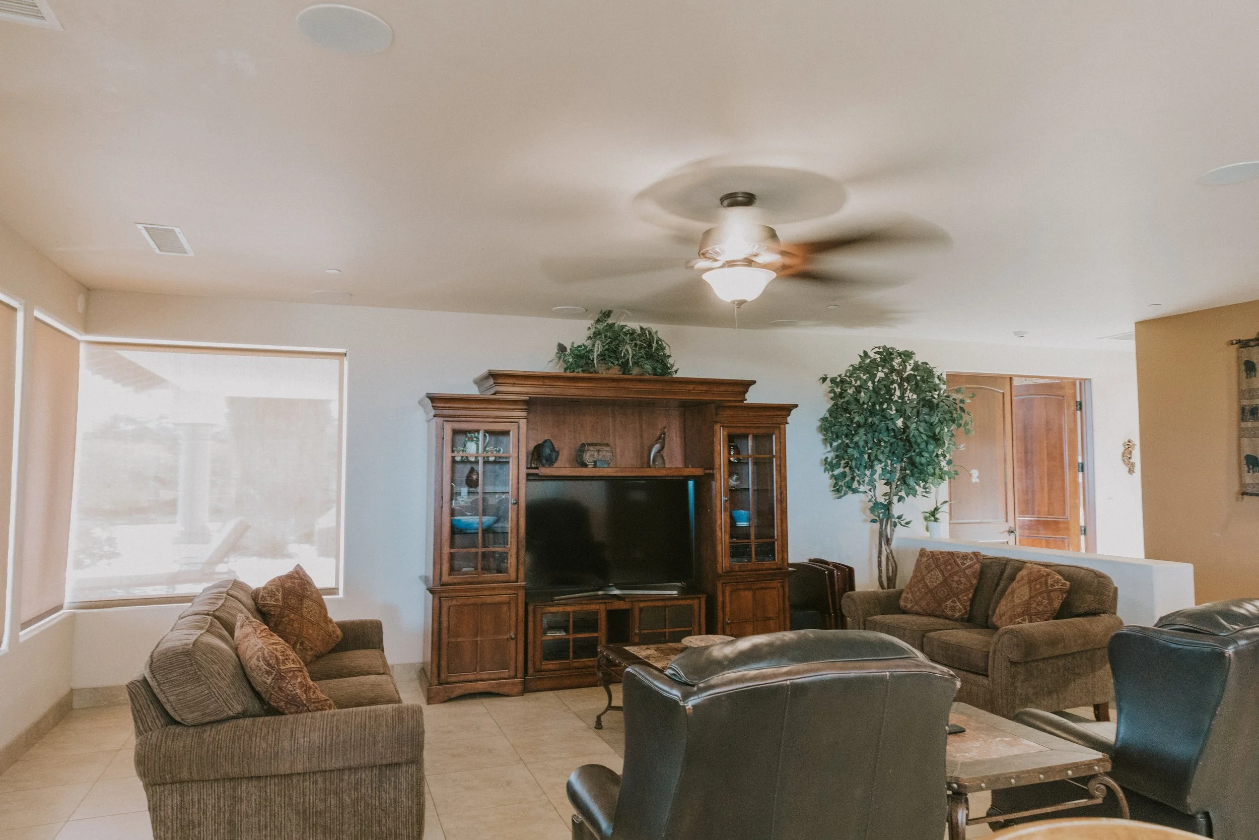 Living room with beige sofas, wooden entertainment center, potted plants, and large windows with blinds, ceiling fan with lights.