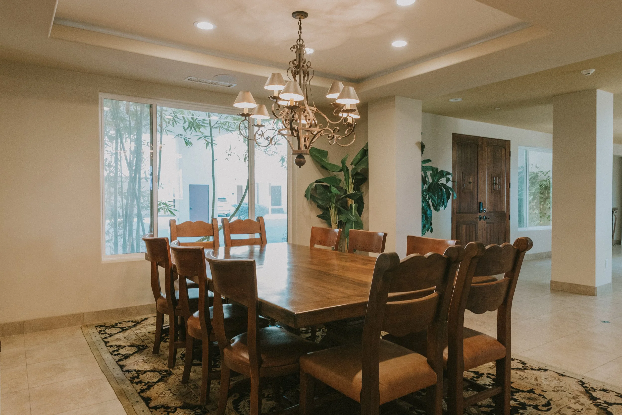 A dining room with a large wooden table surrounded by wooden chairs, a chandelier hanging from the ceiling, large windows, and green plants near the windows, with a wooden door in the background.