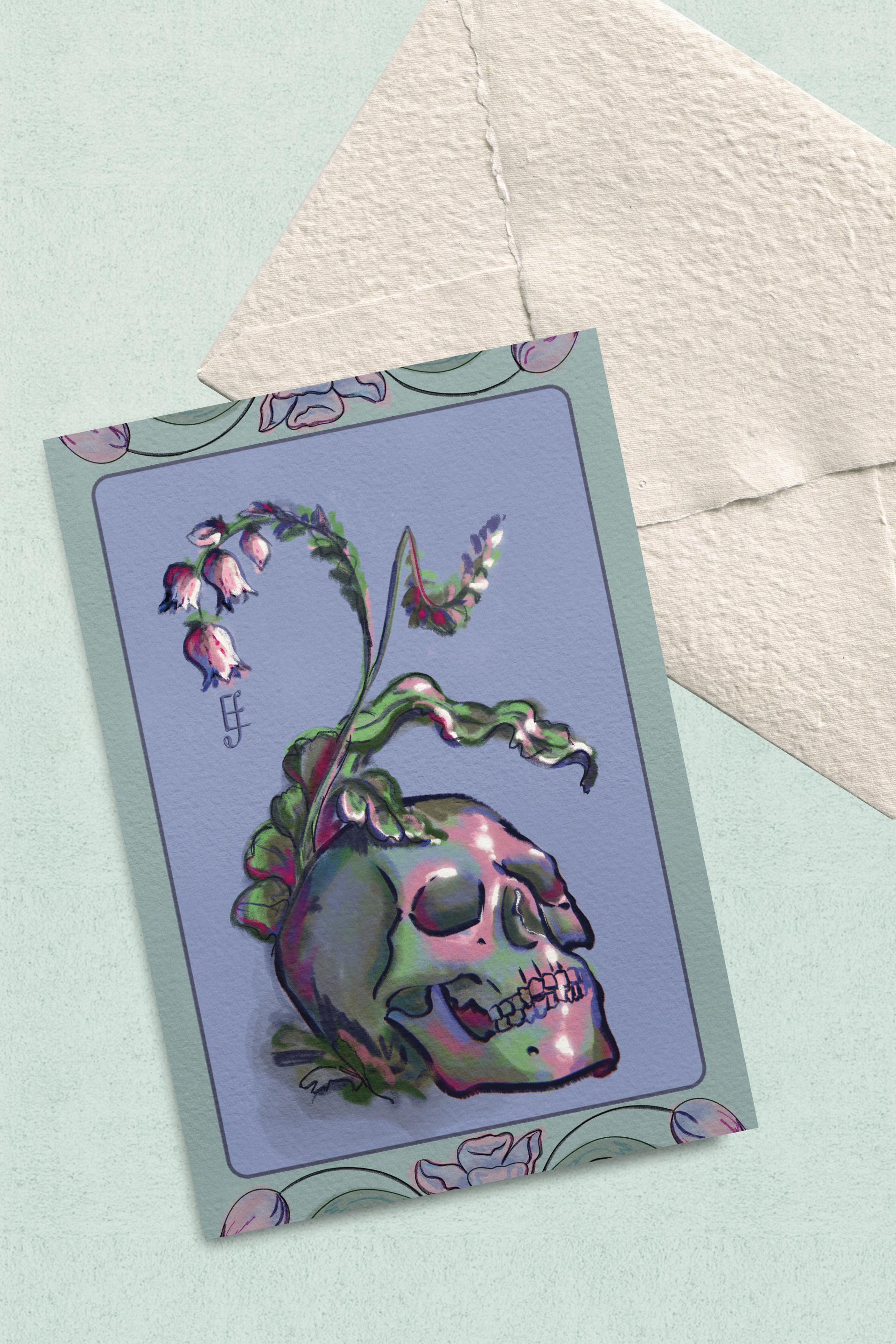 "Art Nouveau Skull and Flowers", Postcard Print