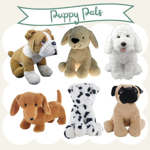 Six plush puppy toys of various breeds with a banner that reads 'Puppy Pals'.