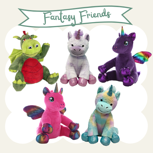 Five plush unicorn and dragon stuffed animals with the caption 'Fantasy Friends'.