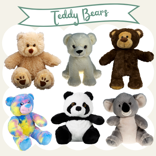 Six teddy bears of different colors and sizes arranged in two rows, with a sign reading "Teddy Bears" at the top.
