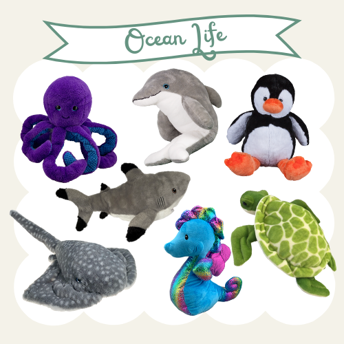 Seven plush ocean animal toys, including an octopus, dolphin, penguin, shark, seahorse, turtle, and an ray, displayed on a white background with a banner reading "Ocean Life".