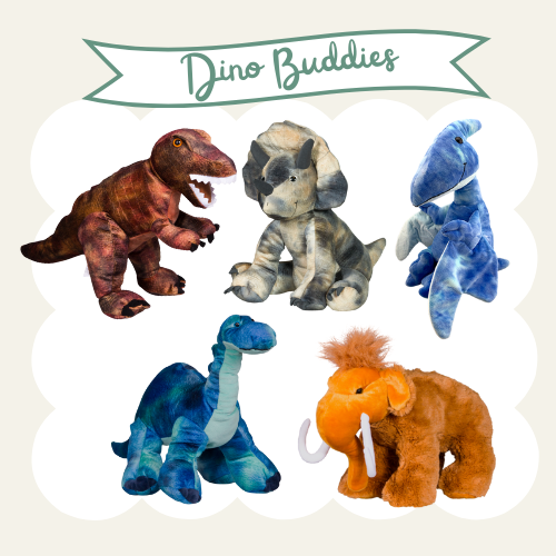 Set of plush dinosaur toys labeled 'Dino Buddies' featuring a T-Rex, Triceratops, Velociraptor, Brachiosaurus, and Woolly Mammoth.