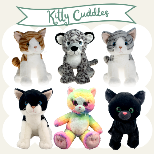 Six colorful plush kitty cuddles toys arranged in two rows, with a banner at the top reading 'Kitty Cuddles'.