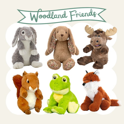 Six plush stuffed animals arranged in two rows, including a rabbit, a bear, a moose, a squirrel, a frog, and a fox, with a banner above reading 'Woodland Friends'.