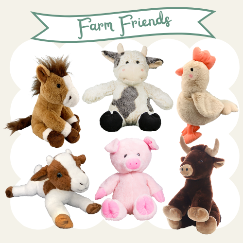 Six plush farm animal toys including a horse, cow, chicken, pig, and two others, with a banner reading 'Farm Friends' at the top.