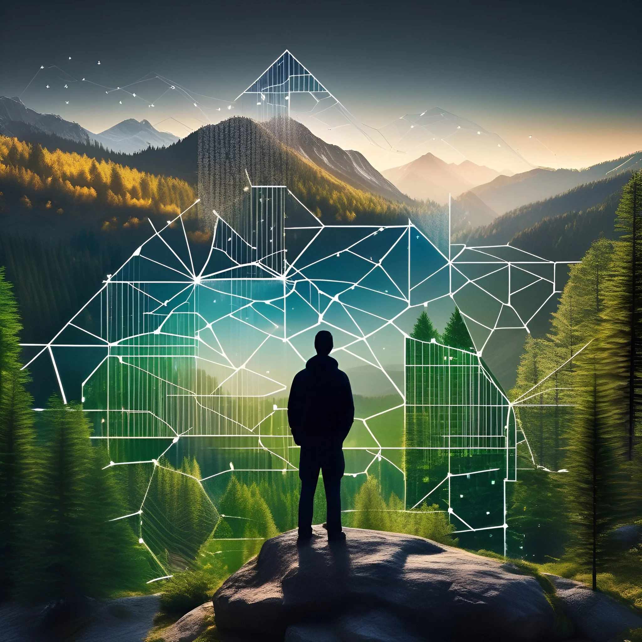 A person standing on a rock in a lush mountain valley with trees, mountains, and a river, overlaid with a digital network pattern.