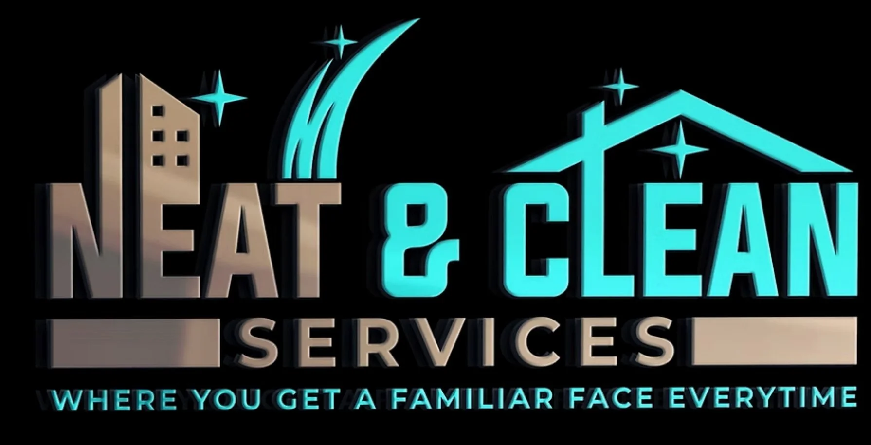 Logo for Neat & Clean Services with buildings, sparkling effects, and the tagline Where you get a familiar face every time.