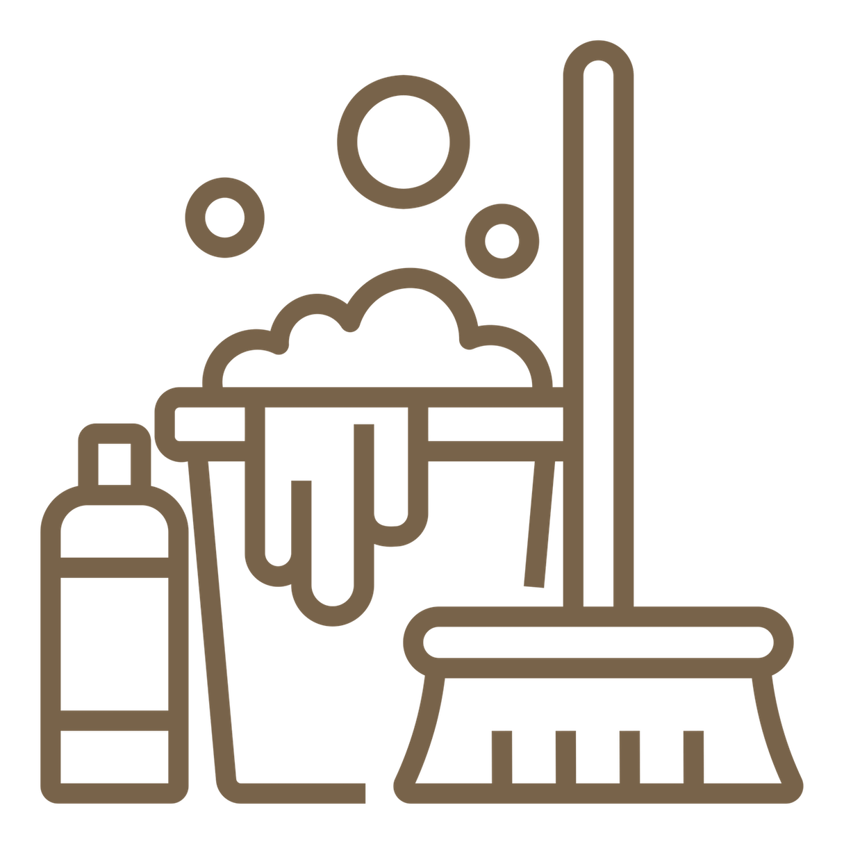 bucket filled with bubbles with a bottle and broom