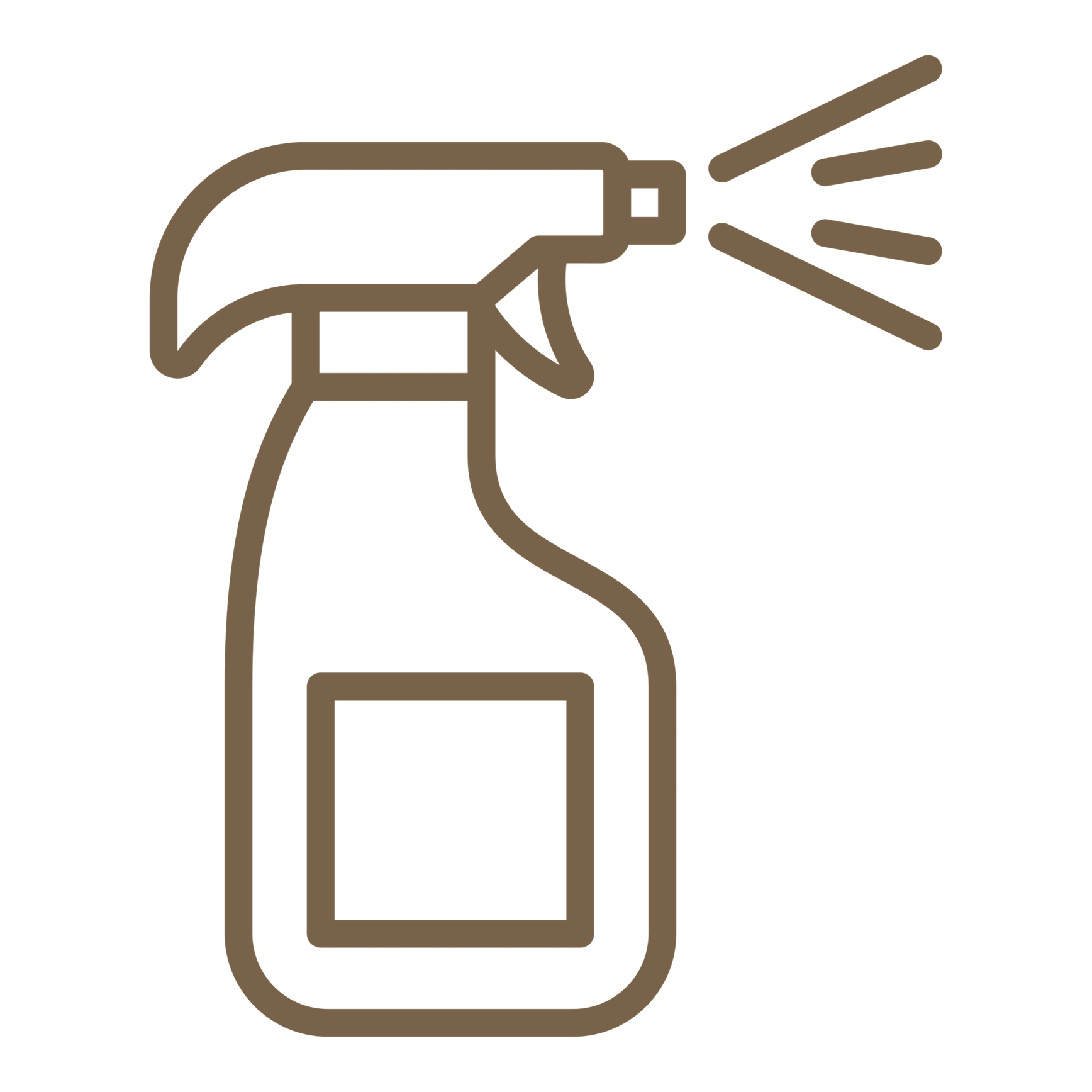 Line drawing of a spray bottle showing product being sprayed out