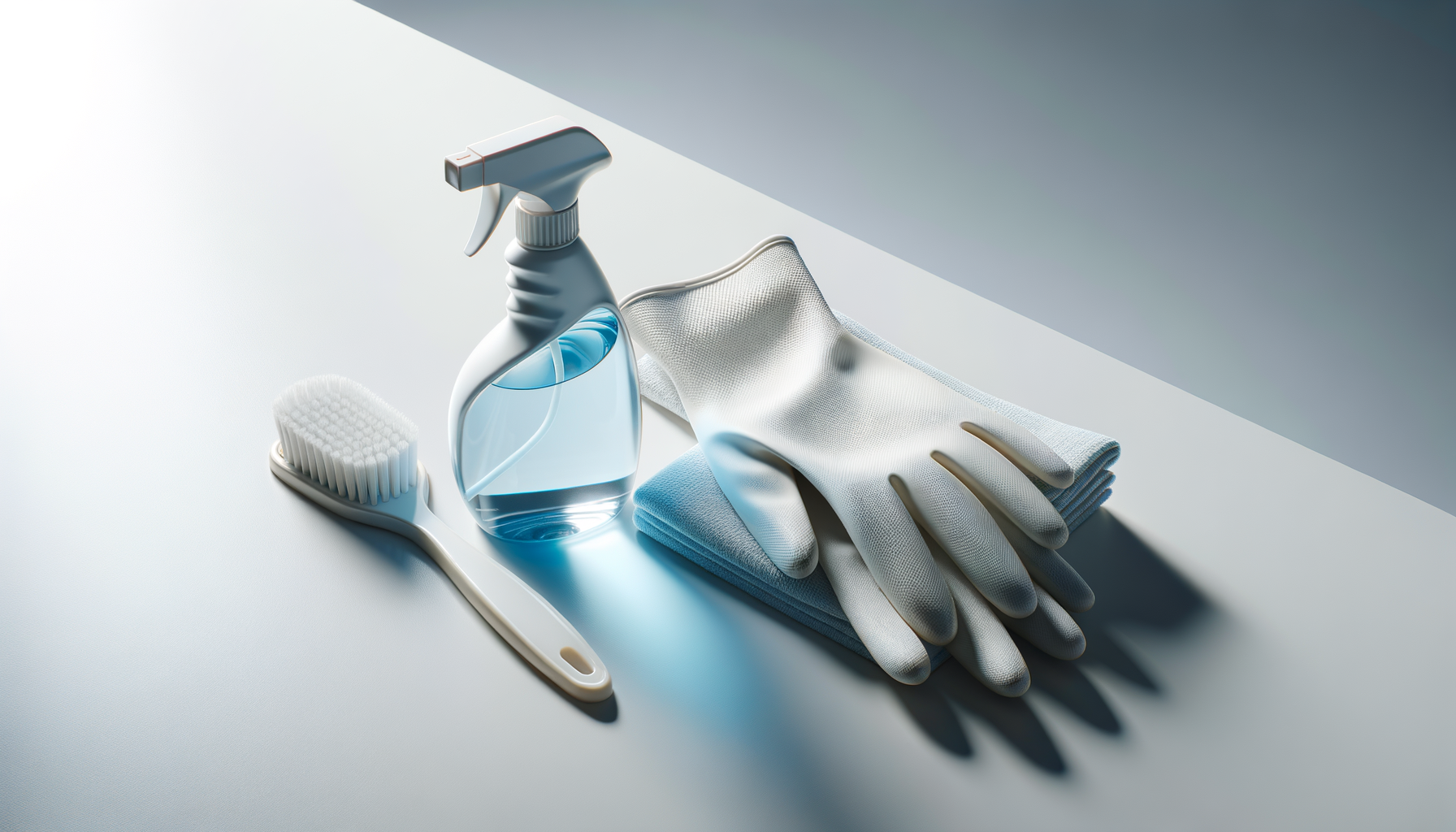 A collection of cleaning supplies including a spray bottle of glass cleaner, a toothbrush, a pair of white gloves, and a cloth on a white surface with soft shadowing.