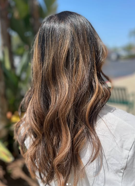 Healthy and shiny brunette balayage on long hair at BombChelleHair