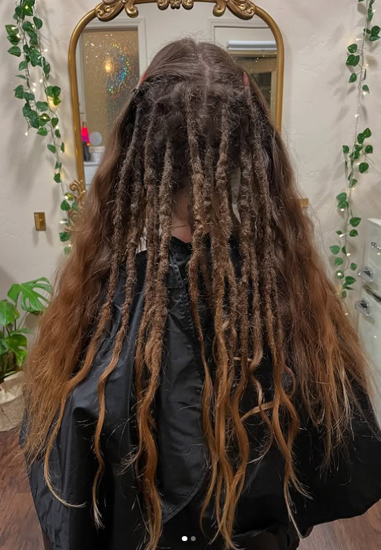 Healthy dreadlock maintenance on long brunette hair at BombChelleHair