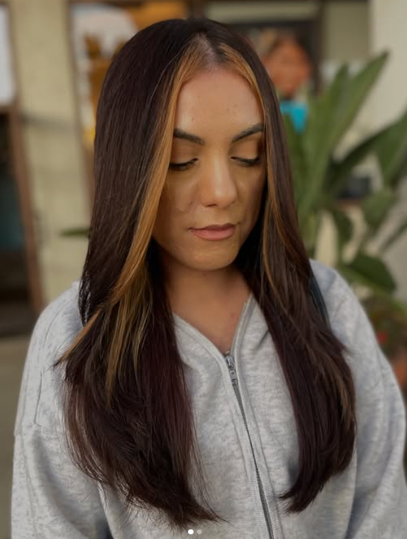 Healthy face framing highlight on long brunette hair at BombChelleHair