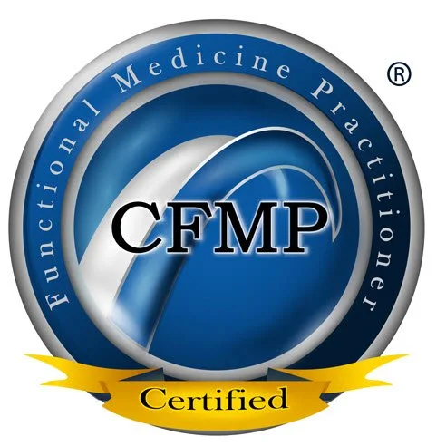 Logo for CFMP Certified in Functional Medicine Practitioner with blue and silver circular design and a yellow ribbon.