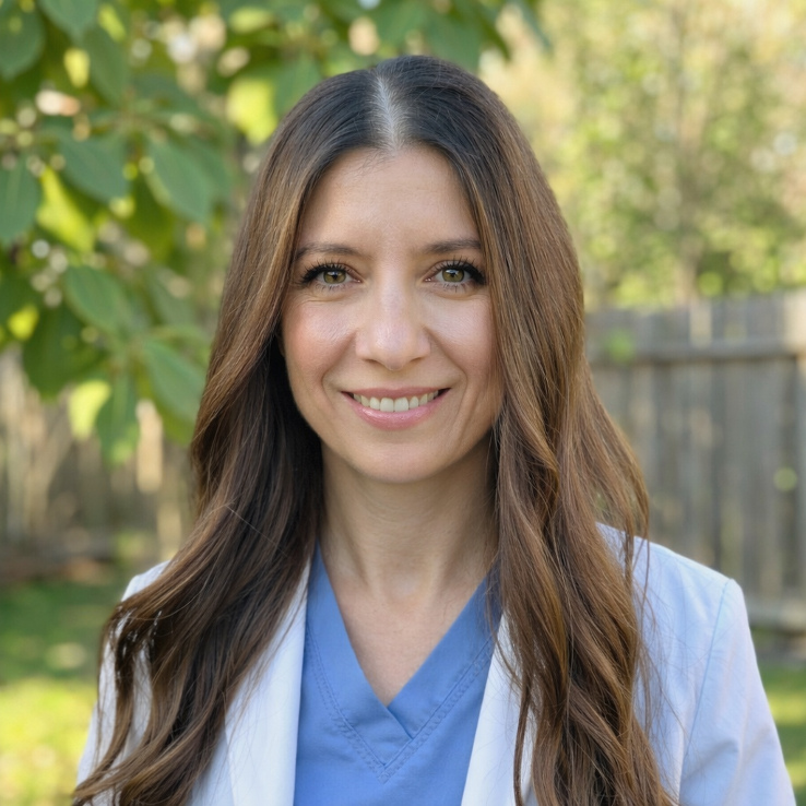 A woman with long brown hair and blue eyes smiling outdoors on a sunny day, wearing medical scrubs and a white coat.