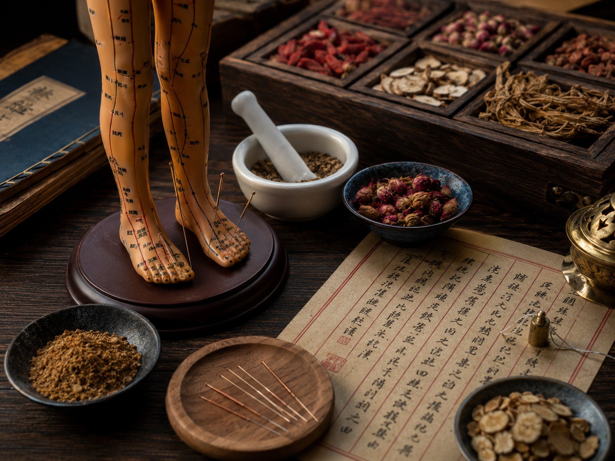 Traditional Chinese medicine setup with a human foot model showing acupuncture points, various dried herbs in small bowls and compartments, a white mortar and pestle, and handwritten Chinese script on a paper.