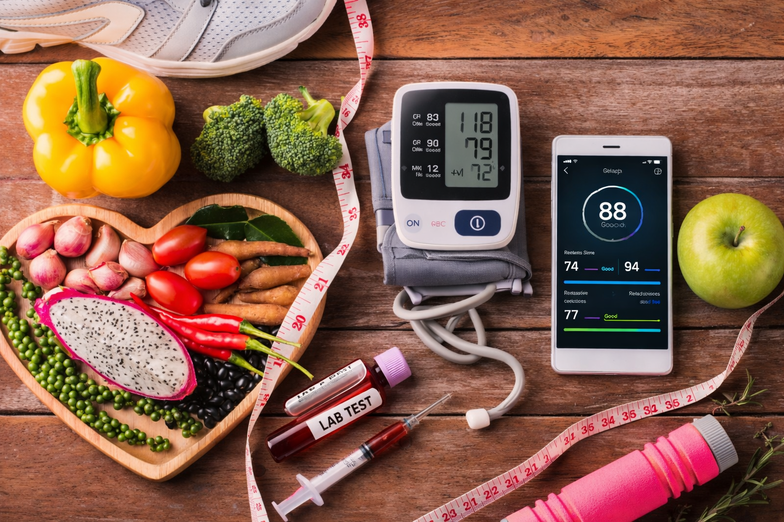 A flat lay of health-related items on a wooden surface, including fresh vegetables, a blood pressure monitor, a smartphone with health app, a lab test tube, and a measuring tape.