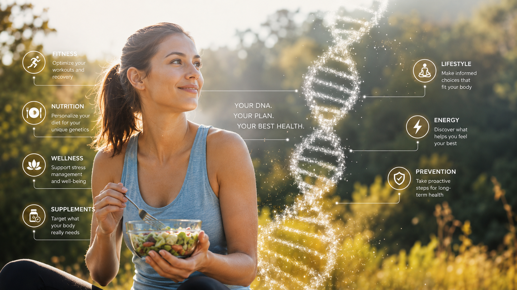 A woman sitting outdoors eating a salad with a background of trees and sunlight. An illustrated DNA strand with health-related icons and text overlays highlighting fitness, nutrition, wellness, supplements, lifestyle, energy, and prevention.