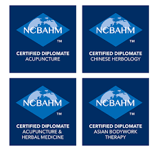 Four blue and white certificates from NCBAHM for different acupuncture and herbal medicine certifications.